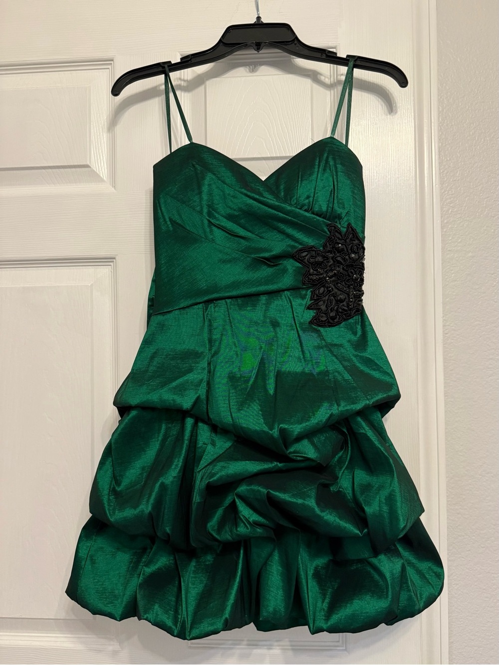 Emerald Green Strapless Bubble Dress with Black Appliqué